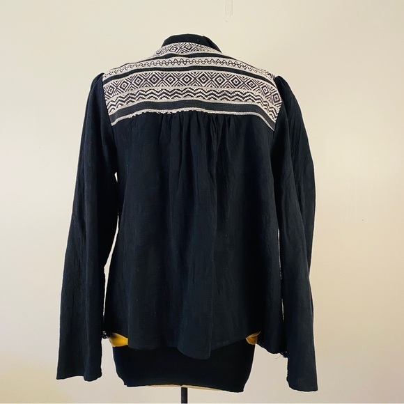 TRIBAL linen jacket embroidered black and white bohemian tassels textured large - Picture 3 of 15